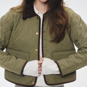 H&M Green Quilted Jacket with Dark Brown Collar